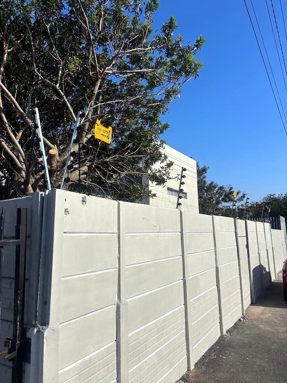 Caledon Residence's boundary wall with electric fencing and a tree behind